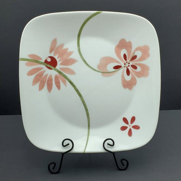 Corelle Pretty Pink Square Dinner Plates Corning White Plate Pink Flowers - Picture 2 of 6